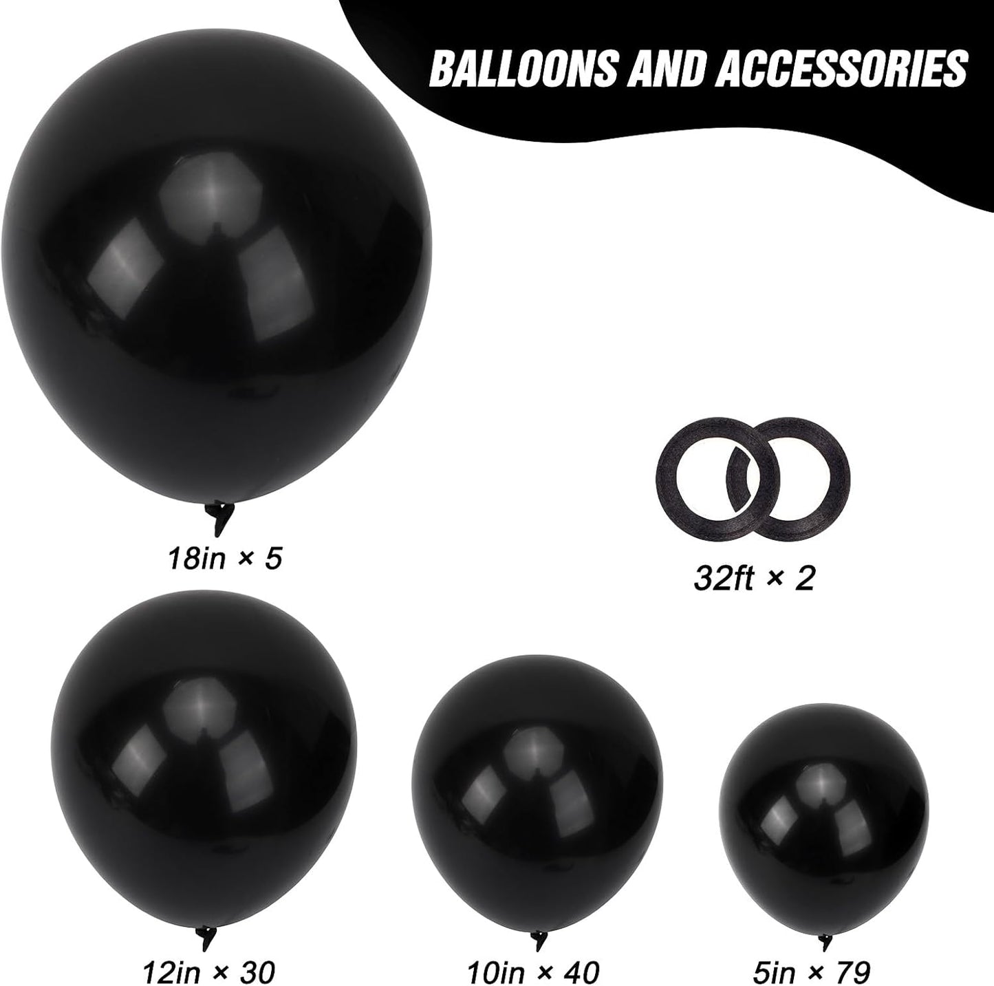 RUBFAC Black Latex Balloons Set - 154pcs in 5-18 Inches for Halloween Party & Wedding Decor