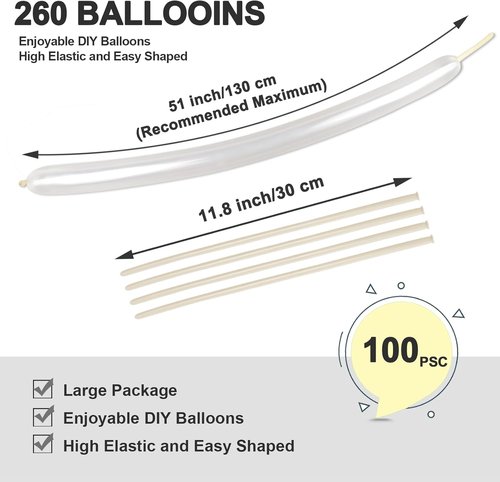 Clear 260 Balloons - 100Pcs Thick Latex Long Twisting Balloons for Wedding & Party Decorations