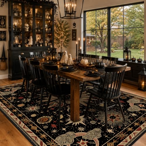 8x10 Washable Area Rug - Black, Gold, Beige, Red - Sun Moon Pattern - Vacuum-Friendly