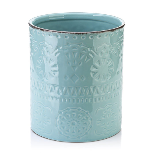 DOWAN Kitchen Utensil Holder, 7.2” Extra Large Farmhouse Utensil Holders for Countertop, Ceramic Utensil Crock, Anti Slip Cork Bottom, Teal Utensil Organizer for Home Décor, Housewarming Wedding Gift