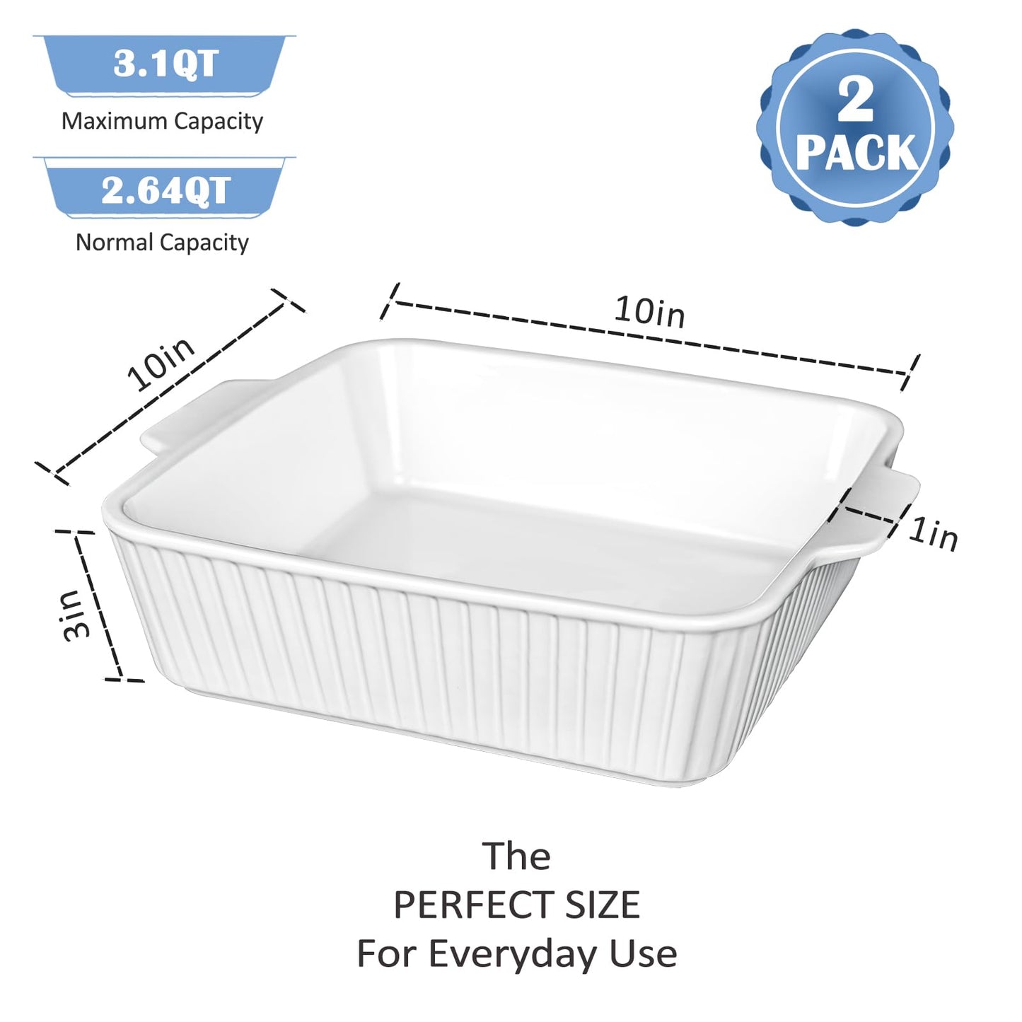 cikiciki 10" Square Ceramic Casserole Dish Set of 2-2.6 Qt Deep Baking Dishes with Handles for Oven, Lasagna Pan for Casseroles Cake Bread, Microwave Dishwasher Safe Bakeware Set, White