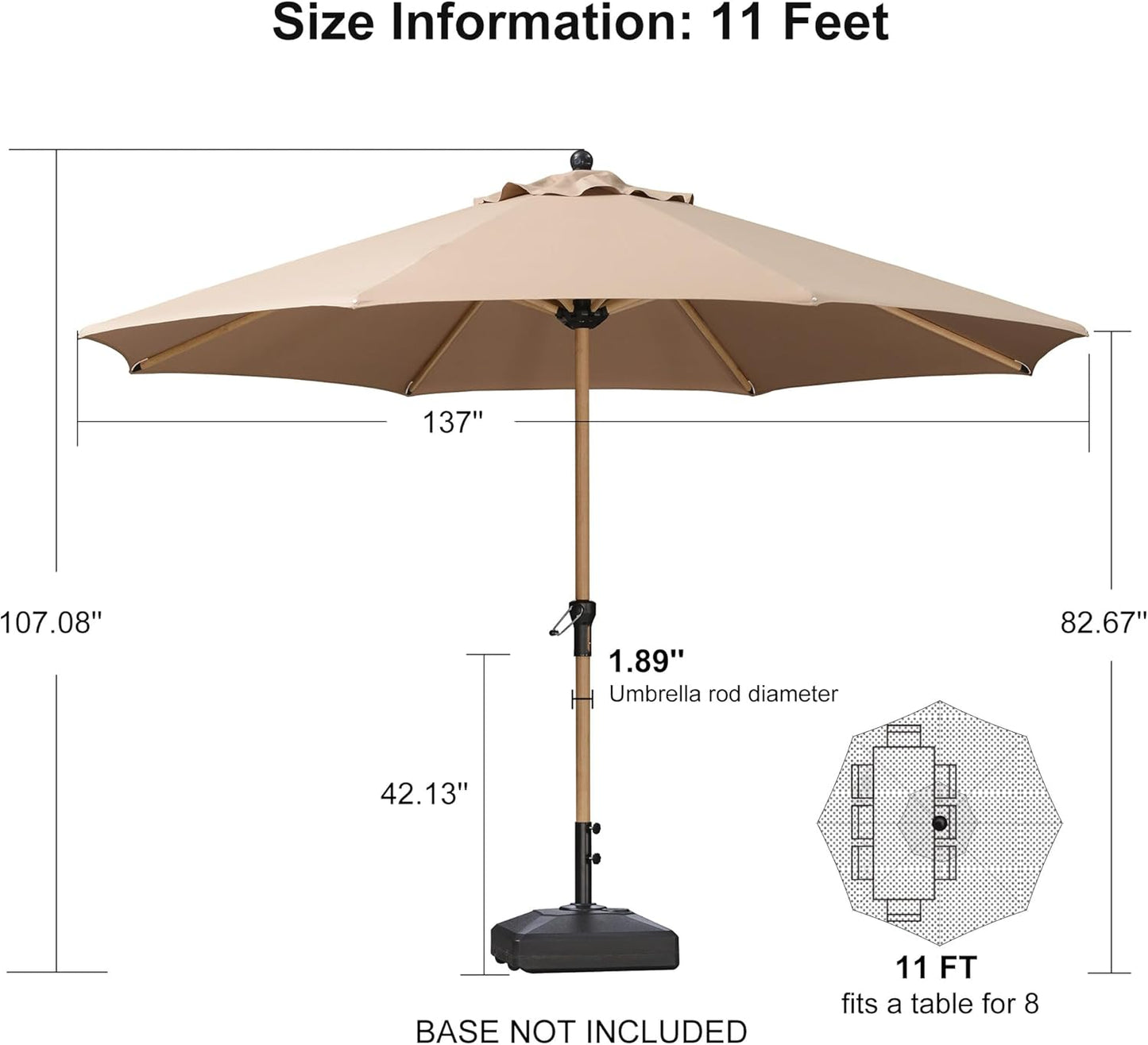Purple Leaf 11 Feet Patio Umbrella - Durable Aluminum Market Umbrella with Crank & 8 Ribs | Taupe