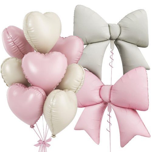 Cream Pink Heart Balloons, Pink Bow Balloons, 10Pcs 18 Inch Heart Shaped Balloon and 38 Inch Helium Bow Foil Balloon for Girl Women Birthday Valentine's Day Proposal Wedding Baby Shower Party Decor