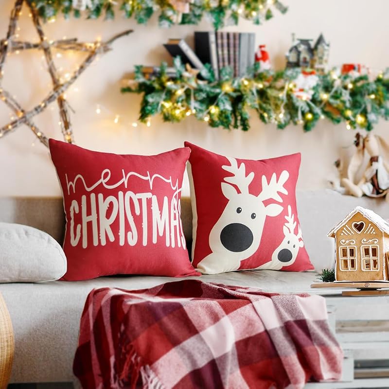 Sunboom Christmas Pillow Covers & Red Holiday Decor Set of 4, 18x18 Winter Farmhouse Throw Pillows