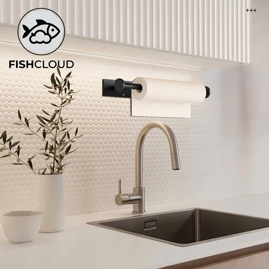 Skiennix Paper Towel Holder - No Drill Self-Adhesive Design, SUS304 Stainless Steel | Black Finish for Kitchen & Bathroom