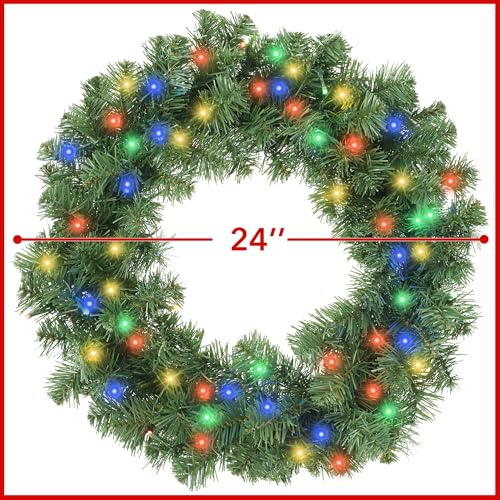 Casafield 24" Pre-Lit Fir Artificial Christmas Wreath with 50 Multicolor LED Lights