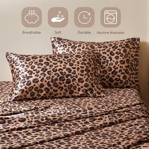 MR&HM Satin Bed Sheets Queen Size with Elastic Corner Straps - Brown Leopard