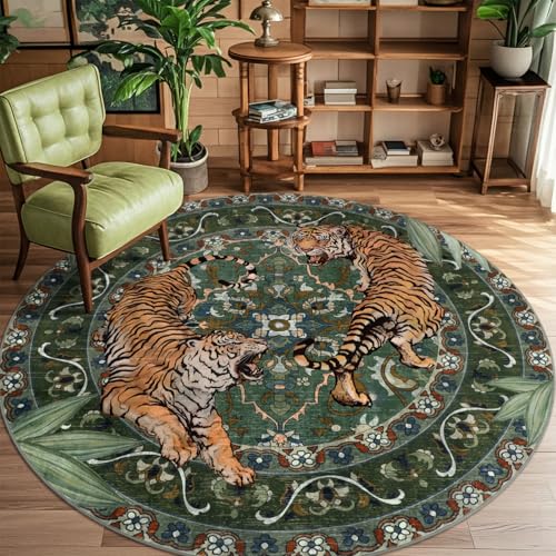 Tiger Round Area Rugs for Living Room 6ft, Boho Green Animal Print
