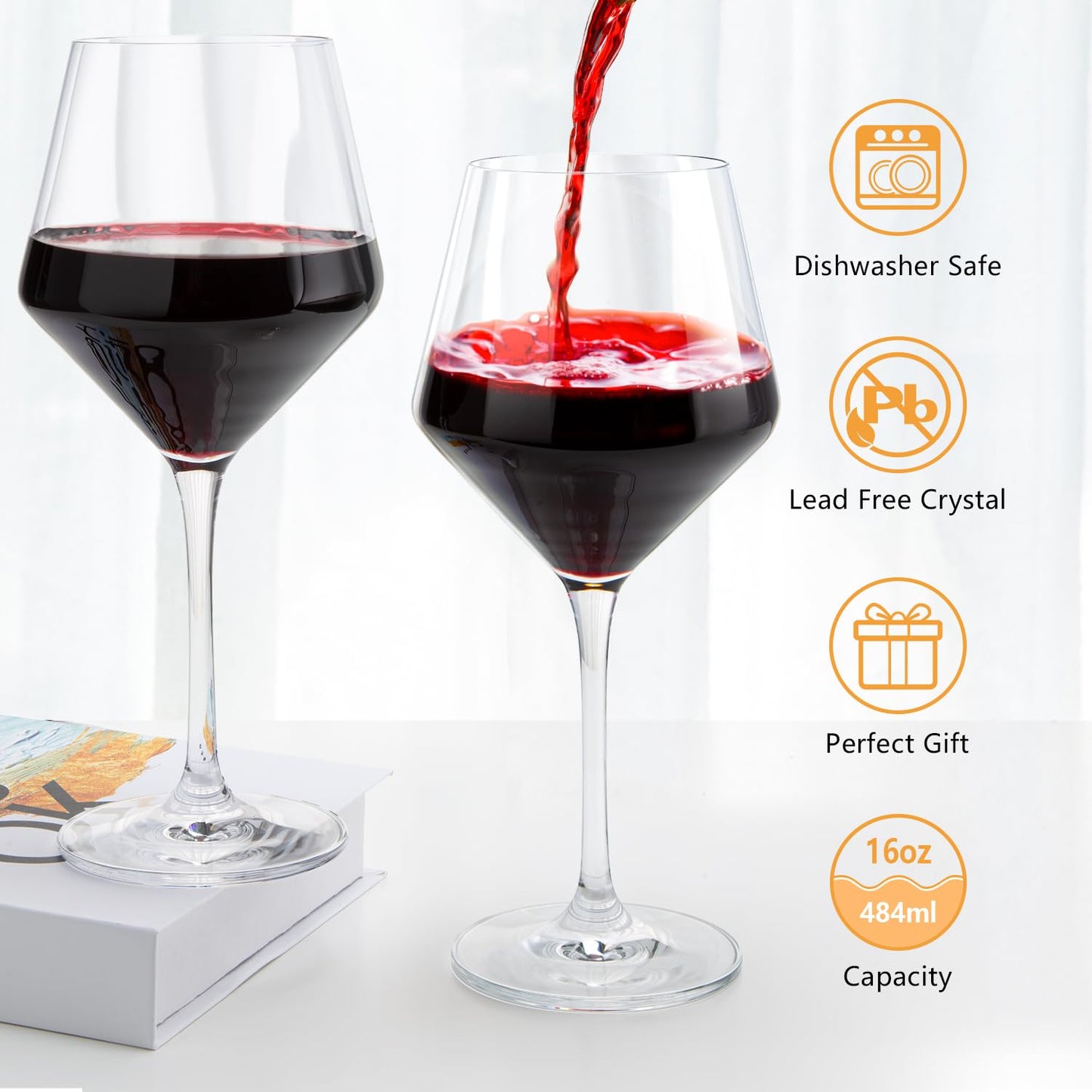 Swanfort Red Wine Glasses Set of 4, Long Stem Crystal Wine Glasses, Burgundy Wine Glass with Gift Box, 16 oz Large Wine Glasses With Stem for Wedding Anniversary Birthday Gifts