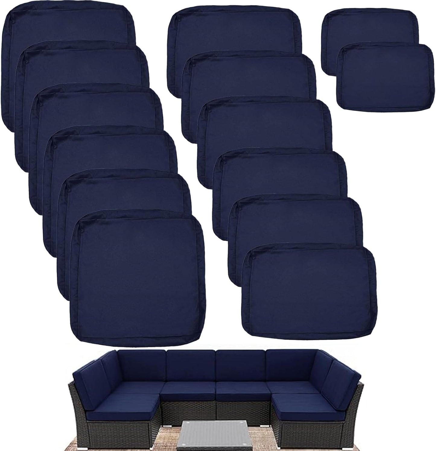 Sqodok Waterproof Outdoor Cushion Covers - 14-Piece Slipcovers for 7-Piece Rattan Sectional Sofa | Washable Blue