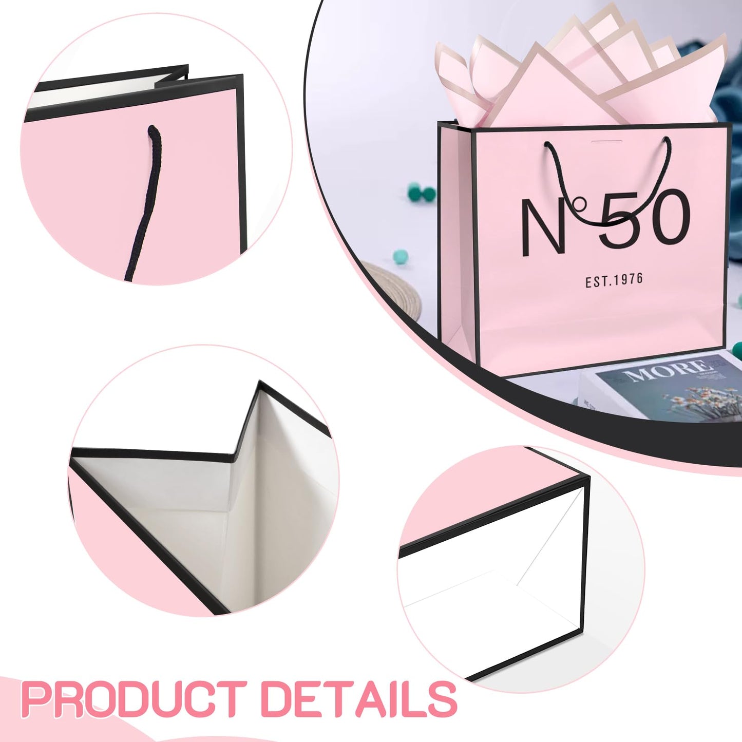 QLSKO 13" Birthday Gift Bag with Card Envelope Sticker Bow Ribbon and Tissue papers for Women Girls Design with Handles,13th-100th (EST.1976 50th, 13" W x 10.5" H x 4.3" D)