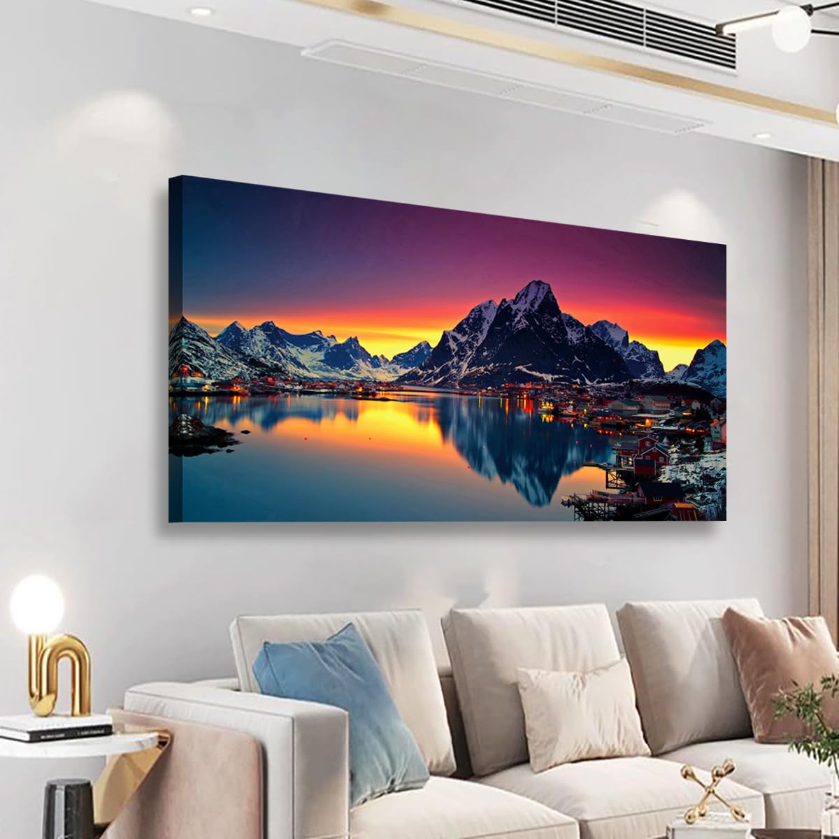Lofoten Islands Norway Canvas Wall Art - 40"x20" Snowy Mountain Fjord Village Sunset Landscape Print, Waterproof Modern Wall Decor for Living Room Bedroom Office, Ready to Hang