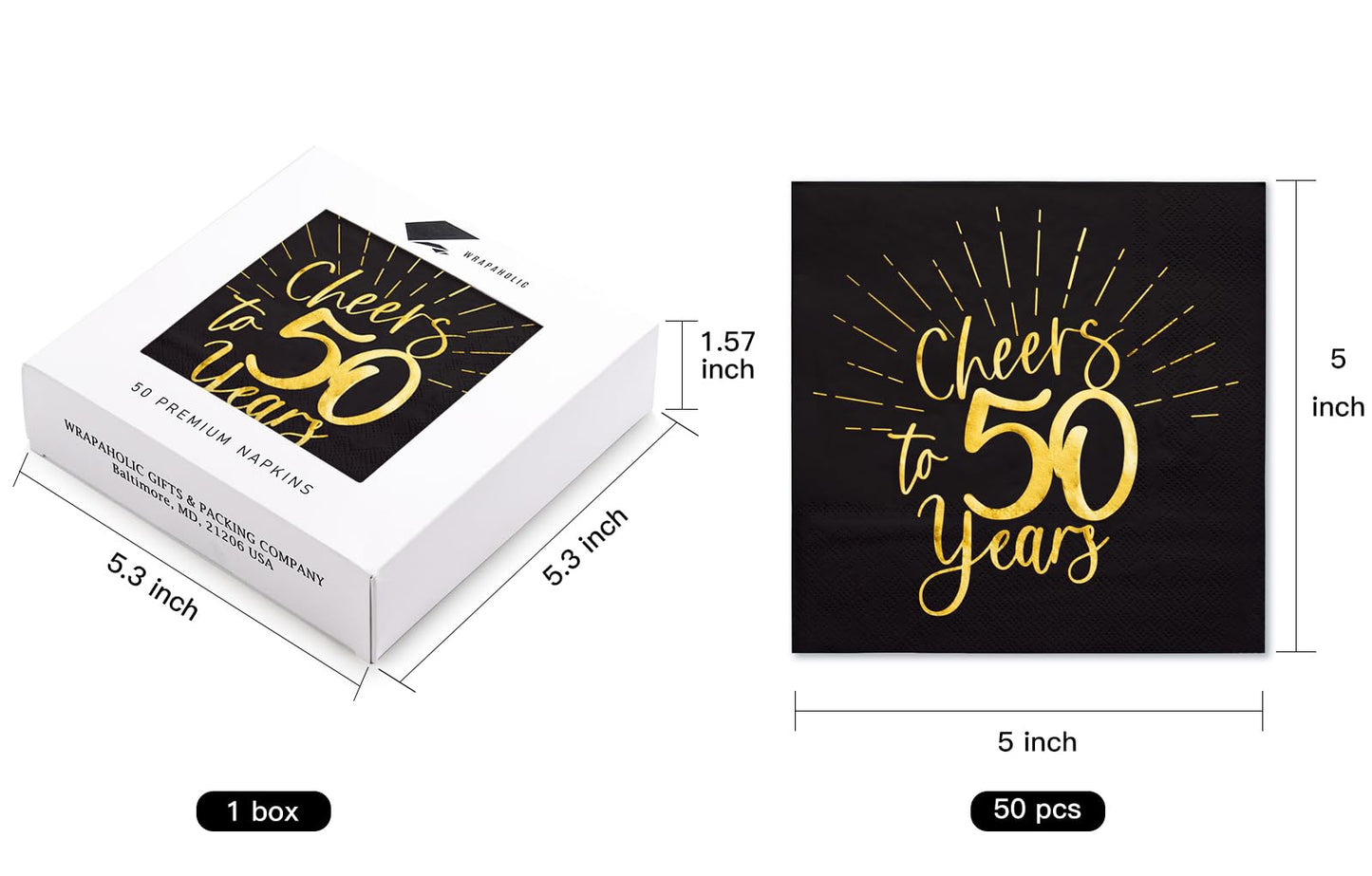 WRAPAHOLIC 50Pcs 50th Birthday Napkins - 3-Ply Disposable Paper Cocktail Napkin, Black and Gold Foil Cheers to 50 Years - 5 x 5 In