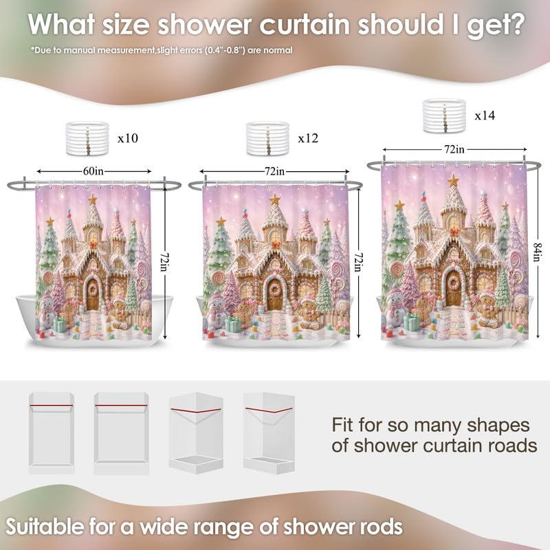 Pink Kahki Christmas Shower Curtain 72x78 Inch Winter Gingerbread House with Hooks