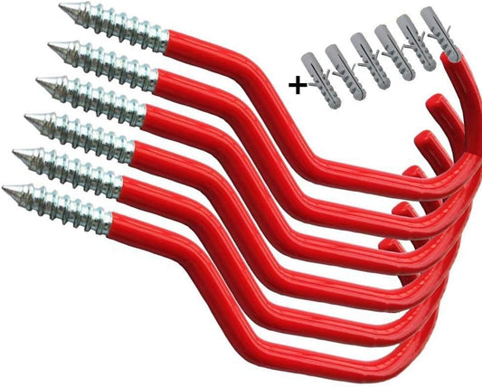 Skiennix Heavy Duty Bike Hooks - Set of 6 Screw-In Bicycle Storage Hangers | Plastic Coated for Wall/Ceiling Mount - Red