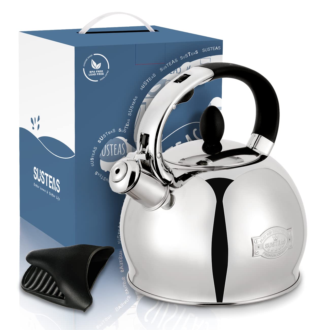 SUSTEAS Stove Top Whistling Tea Kettle - Food Grade Stainless Steel Teakettle Teapot with Cool Touch Ergonomic Handle, With 1 Silicone Pinch Mitt Included,2.64 Quart(SILVER)