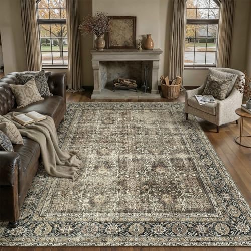 PureCozy Brown Area Rug 6x9 Vintage Distressed Low Pile Accent