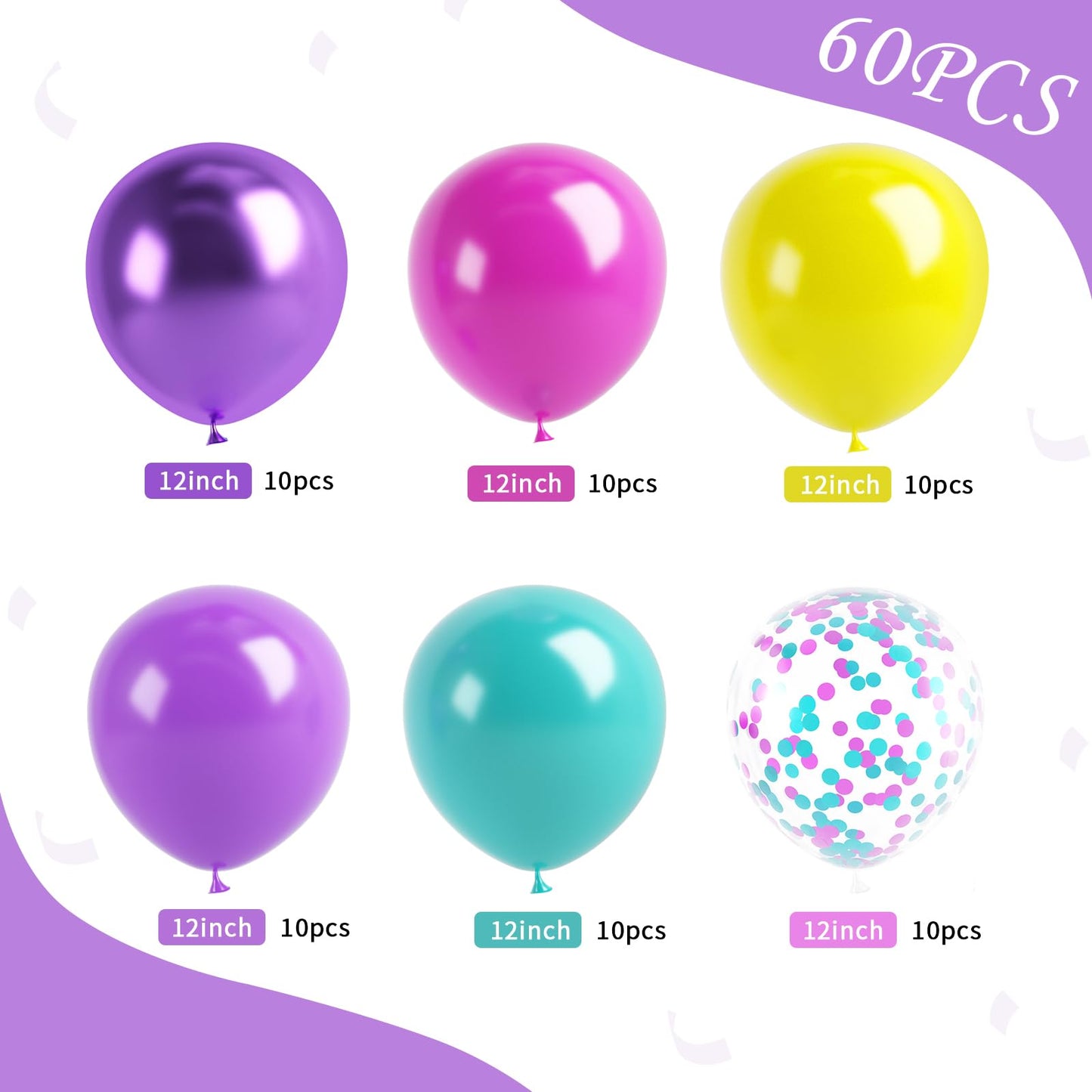 Pink Purple Blue Balloon, 60 Pcs 12 Inches Hot Pink Metallic Purple Teal Yellow Balloons Confetti Balloons for Kids Baby Shower Magic Theme Birthday Engagement Party Decoration
