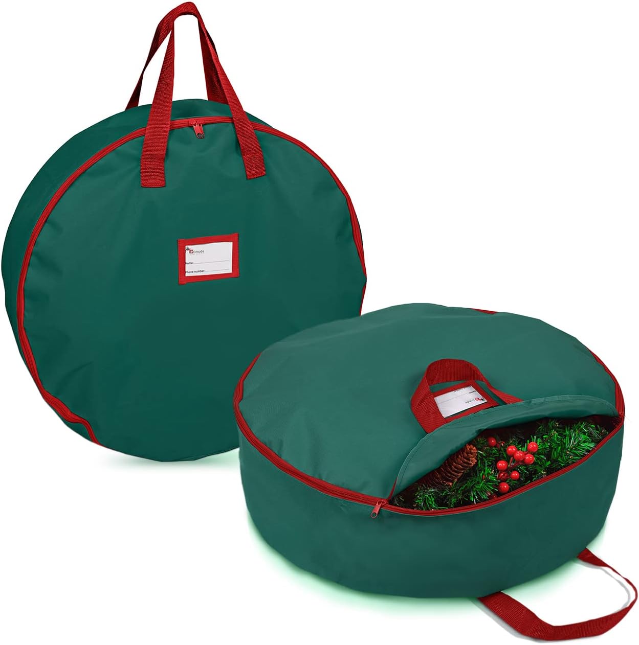 Primode Christmas Wreath Storage Bag - 36" Artificial Wreath Container | 2-Pack with Sturdy Handles & Inner Straps - Green