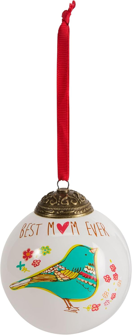 Best Mom Ever Teal Bird Floral Glass Ornament - Pavilion Gift Company 54026