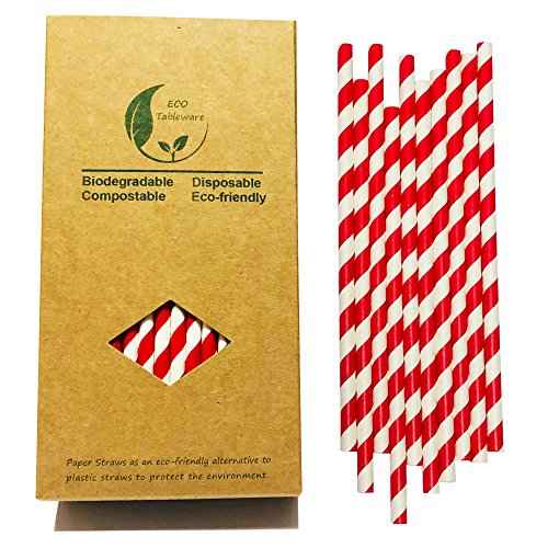 100 Red and White Paper Straws Bulk, Disposable Red Striped Drinking Straws Paper Cake Pop Sticks for Craft and Christmas Decoration (7.75inch)