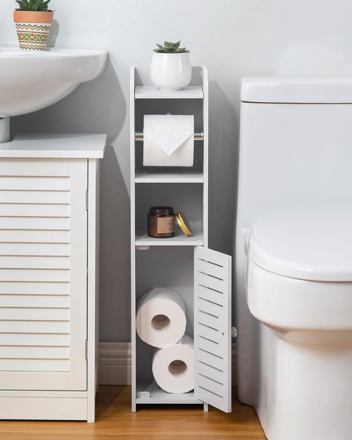 AOJEZOR Toilet Paper Holder Stand - No Drill PVC Design for Small Bathroom Storage | Ideal for Apartments