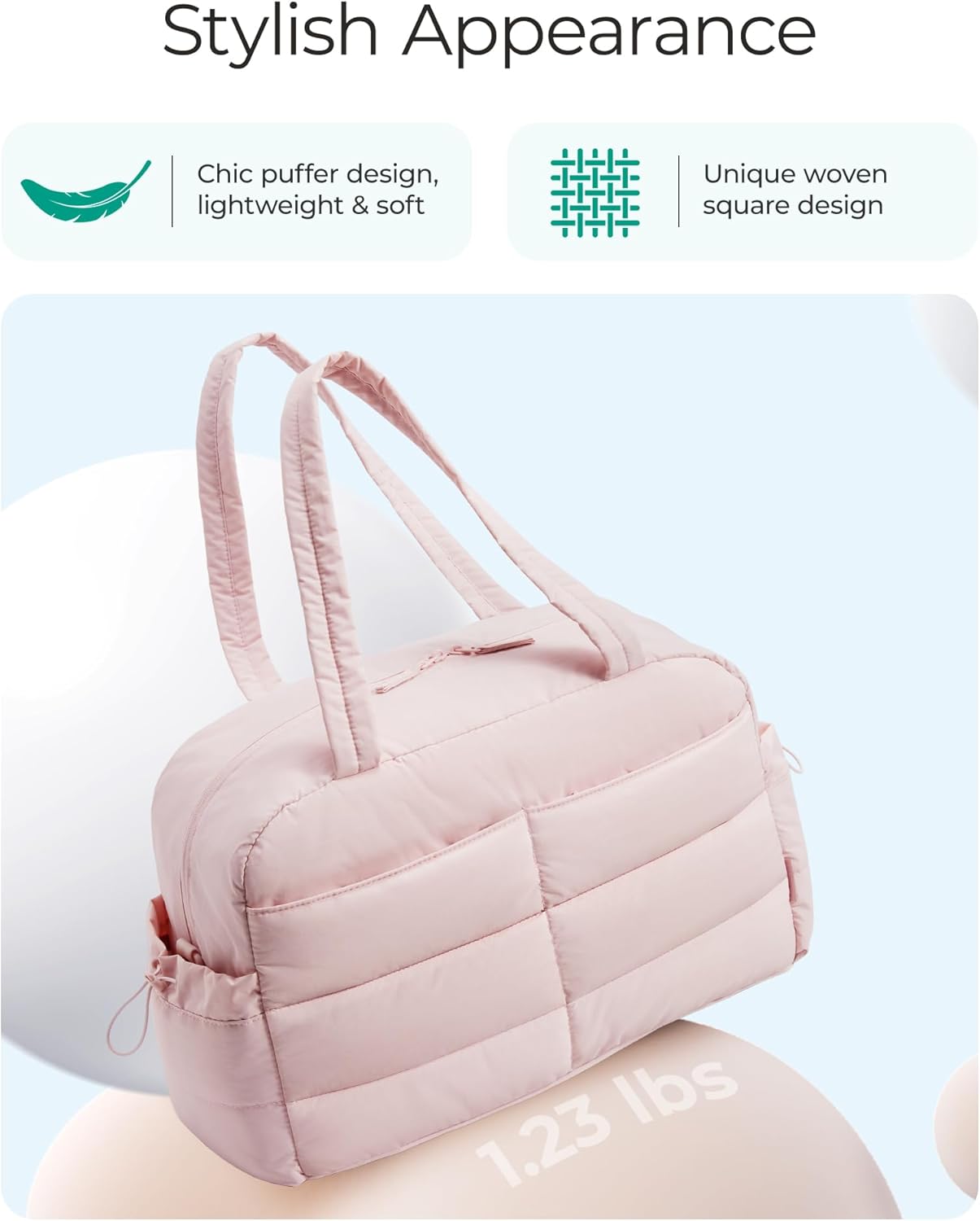 BAGSMART Lightweight Puffer Gym Bag - 31L Quilted Duffle & Tote for Travel, Water Resistant, Pink