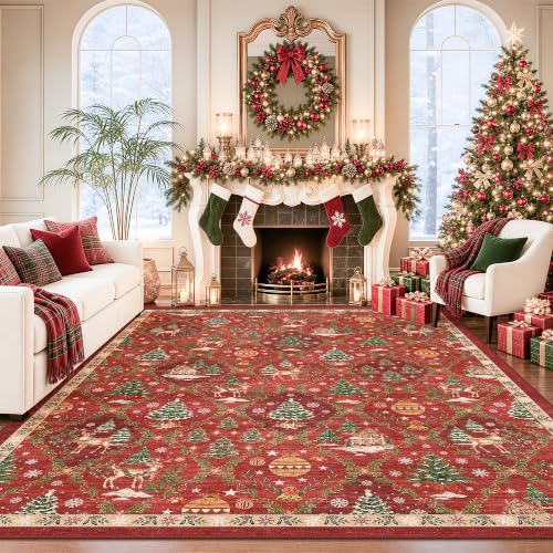 Christmas 8x10 Area Rugs for Living Room, Red Washable Xmas Bedroom