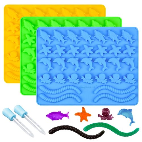 Gummy Molds Hard Candy Molds - Candy Molds Silicone Including Worms, Starfishs, Dolphins, Octopus, Sharks Sea Mold, Pack of 3 Ocean Molds