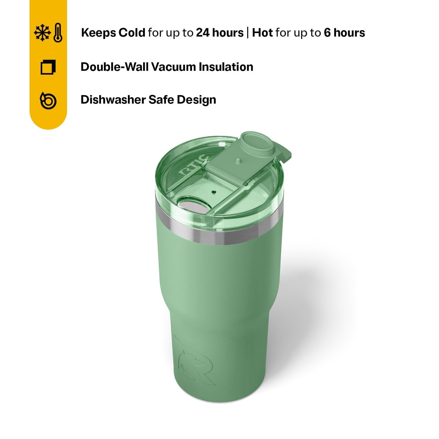 RTIC 30oz Essential Tumbler with Lid, Ceramic Lined, Insulated, Stainless Steel, Metal, Double Wall Vacuum-Insulation, Travel Cup for Iced Coffee, Tea, Hot and Cold Drink, Sage