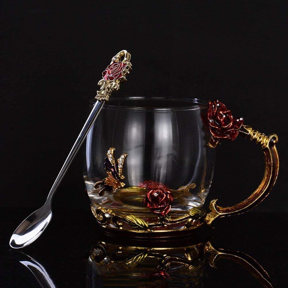 Tea Mug,Coffee Spoons,Glass Tea Cups,Coffee Cups Glass,Glass Mugs with Handles,Tea Lovers Gifts for Women,Butterfly Gifts for Women,Tea Sets for Women, Gift Ideas for Women. (Dwarf Red Rose Tea Cup)