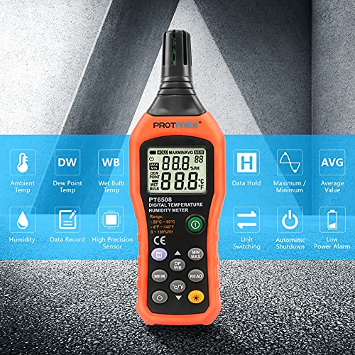 Protmex PT6508 Digital Temperature & Humidity Meter with Wet Bulb for Indoor Outdoor HVAC
