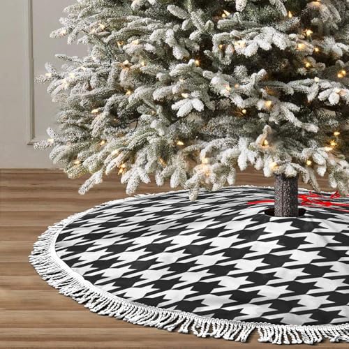 GHYGTY Xmas Tree Skirt 30" Black & White Houndstooth with Tassel Edge, Fits 30" Tree - Style 1