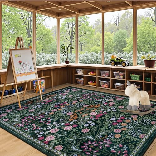 5x7 Floral Washable Area Rug - Dark Green Boho Living Room Carpet