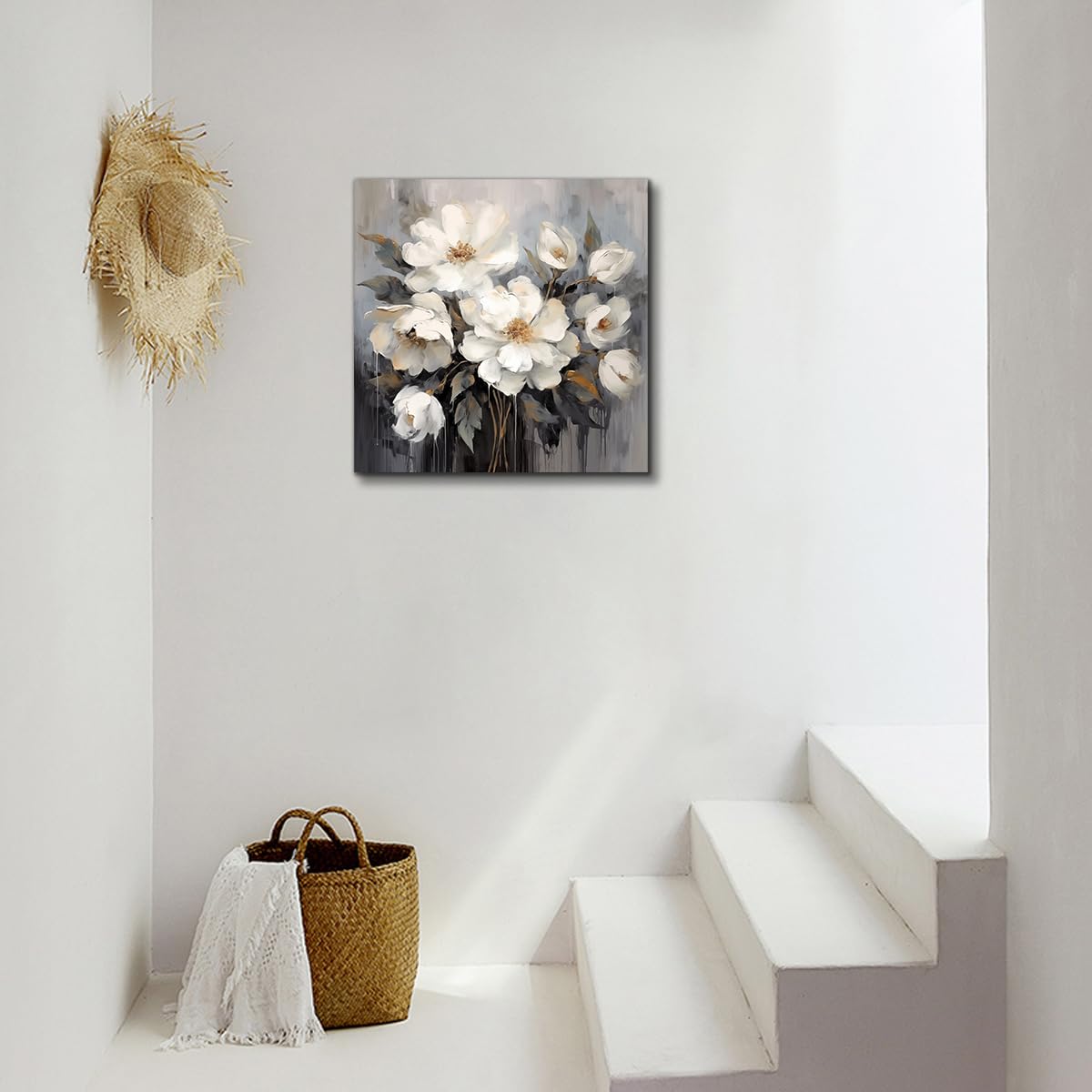 AnZhongArt Bathroom Wall Art, Gray and White Flower Decoration, 30x30inches