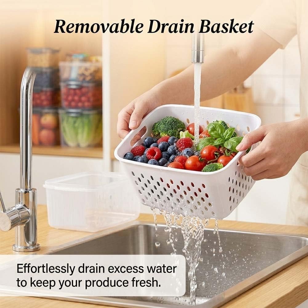 Skiennix 4-in-1 Food Storage Containers - Transparent Plastic with Lids & Drain Basket | Gray (S, M, L)