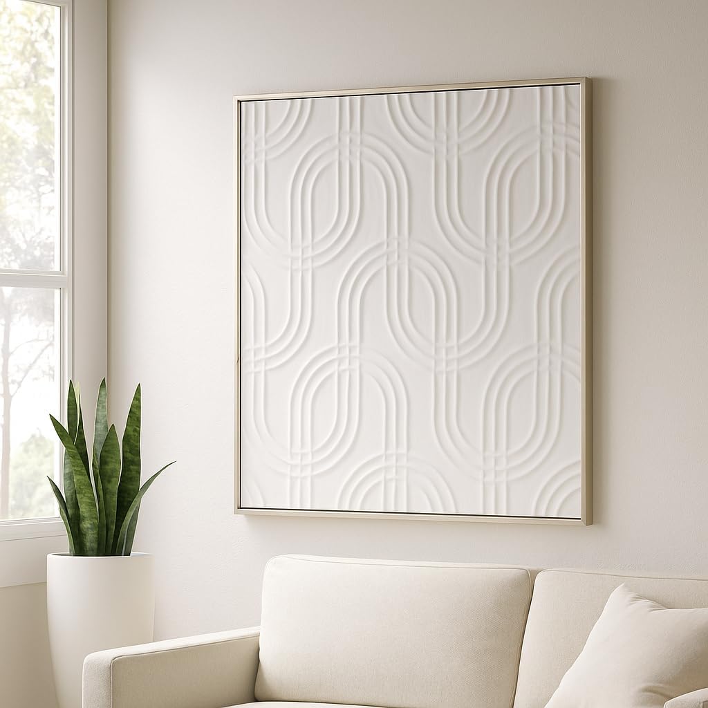 Modern Abstract Canvas Wall Art by [Brand Name] - Textured Geometric Panels for Living Room & Dining Room - 40" White