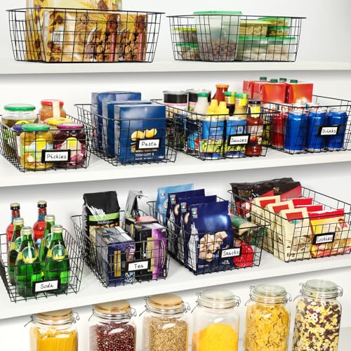 Large 8-Piece Wire Basket Set with Labels - Multi-Size Metal Storage Bins