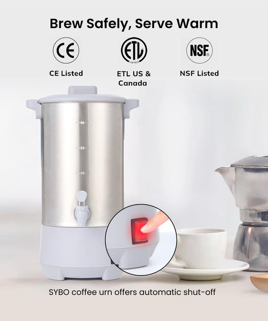 SYBO 45 Cup Coffee Urn, Commercial Grade Stainless Steel Percolate Coffee Maker, Removable Filter, Easy to Clean, Hot Water Urn for Catering, Hot Beverage Dispenser with Cool-Touch Handles, 6L, Grey