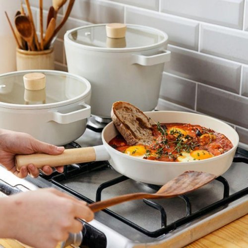 FIKA Nonstick Frying Pan - 9.5 Inch Induction Compatible Skillet with Wooden Handle | Healthy Ceramic Coating