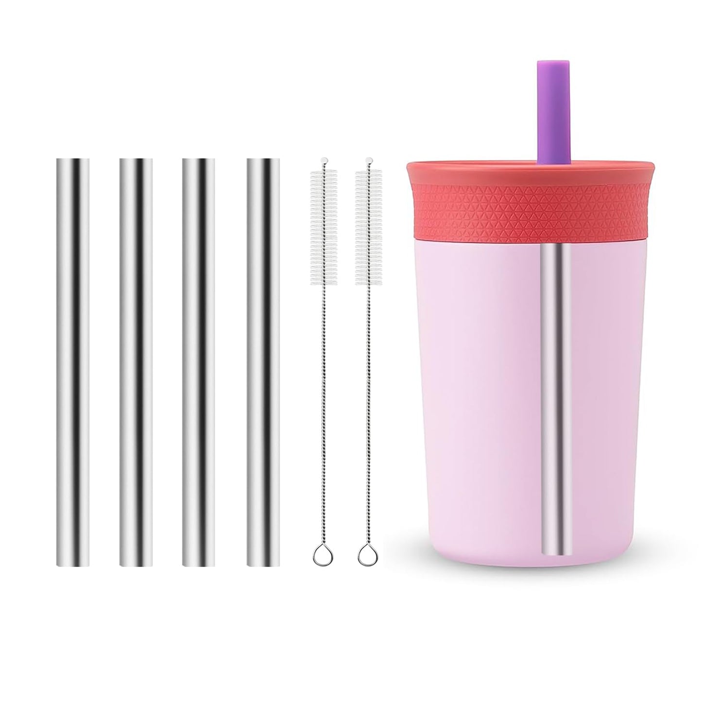 Metal Straw Replacement Compatible With Owala Kids Tumbler Cup 12oz & 15oz, Stainless Steel Straws for Owala Kids Water Bottle Accessories, With 2 Straw Cleaner, Reusable - 4Pcs