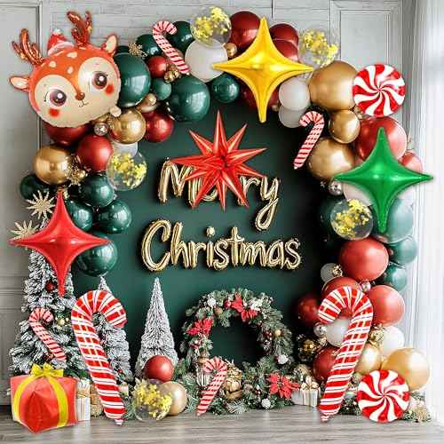 149 PCS Christmas Balloon Garland Arch Kit, Classic Red Green Gold White Latex Christmas Balloons with Gift Box Red Star Candy Cane Foil Balloons for Merry Christmas Party Decorations Supplies