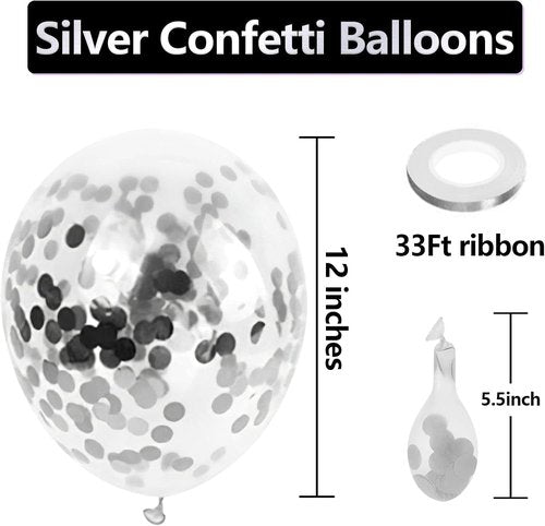Bezente Silver Confetti Balloons - 12-Inch Helium Glitter Balloons for Weddings & Parties | 60 Pack