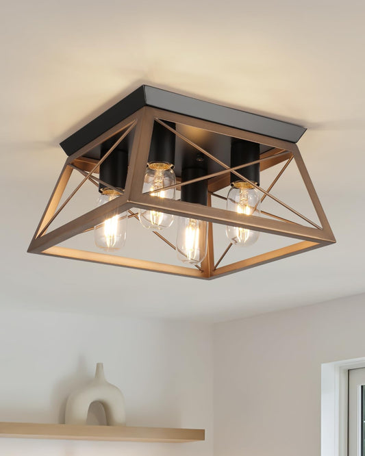 Farmhouse Flush Mount Ceiling Light Oak White Ceiling Light Fixtures 2-Light Industrial Vintage Metal-Framed Ceiling Lighting for Hallway Foyer Kitchen Dining Room Bedroom Living Room Laundry