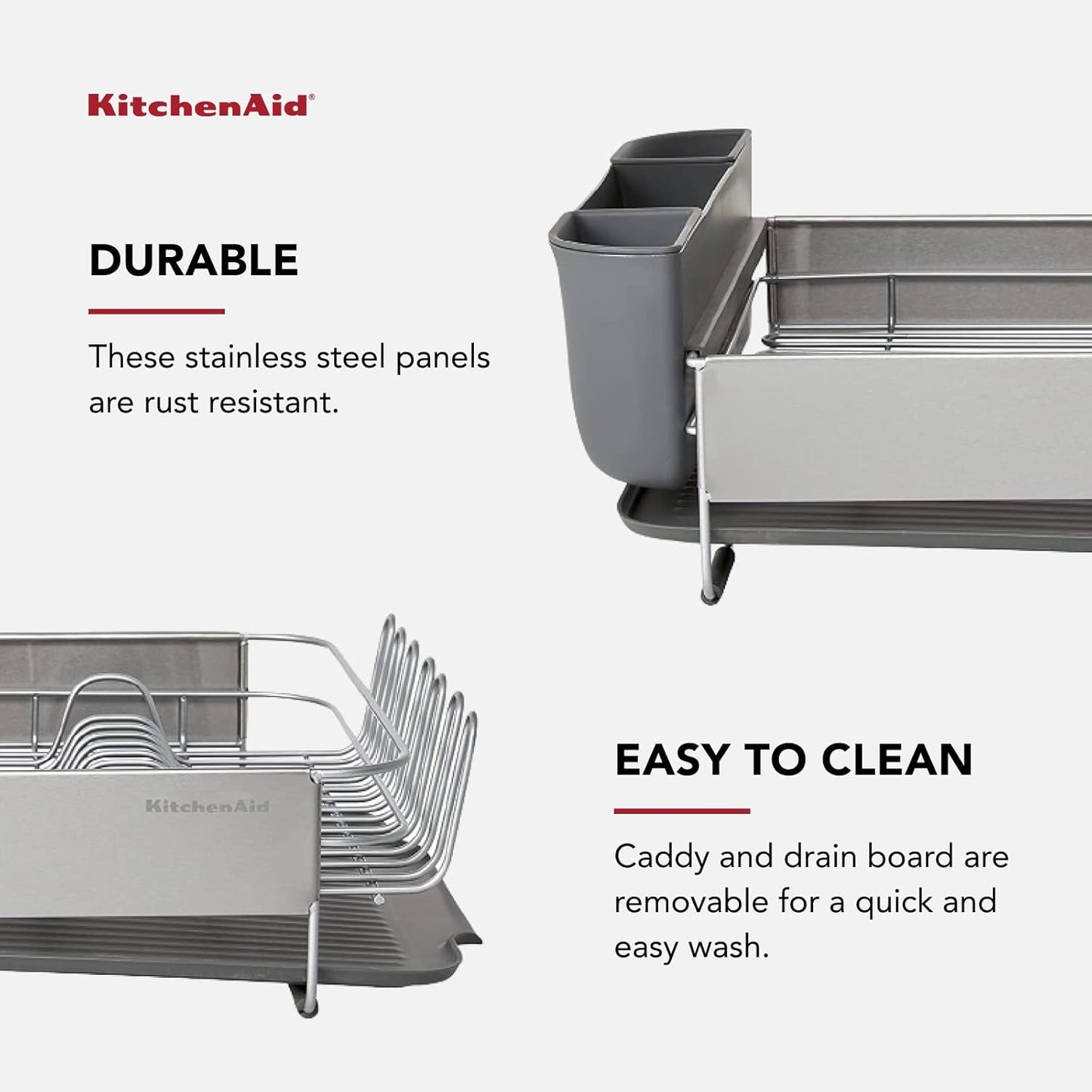 KitchenAid Dish Rack - Large Capacity Self-Draining Design | Rust-Resistant Satin Coated, 20.47-Inch, Gray