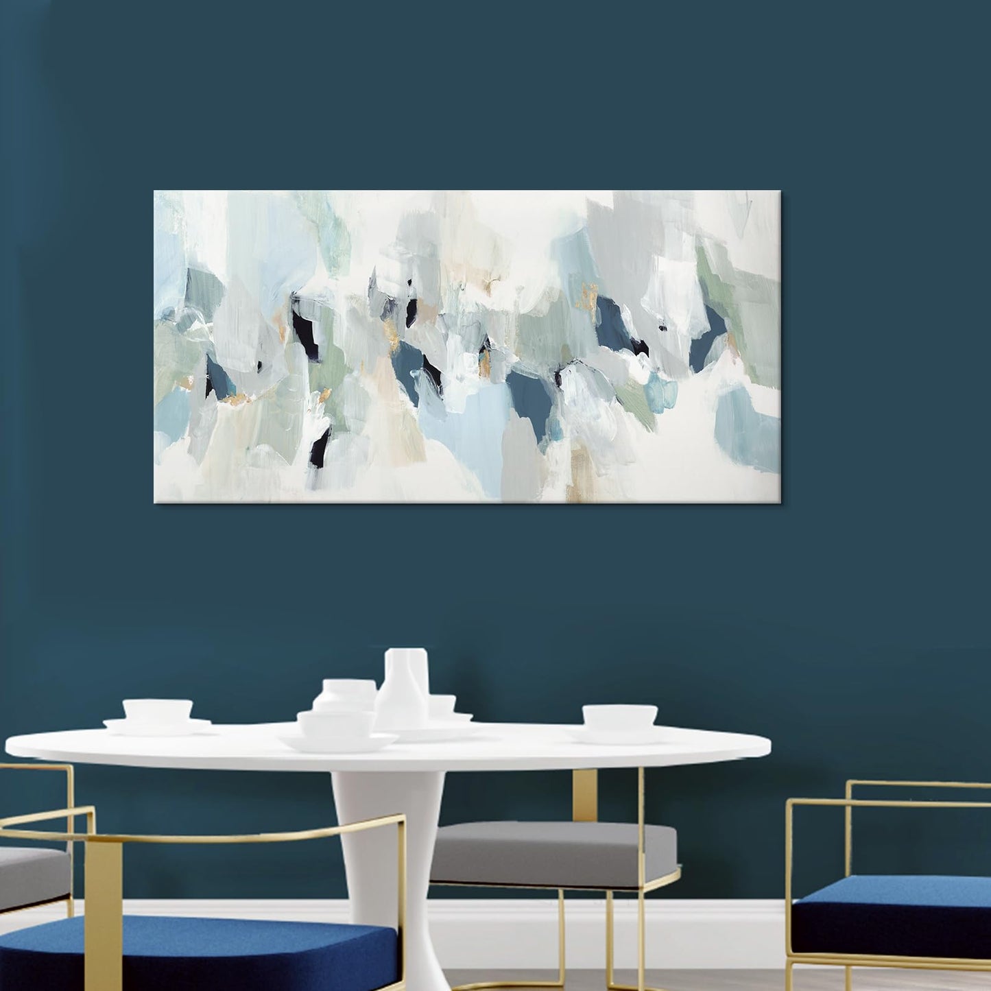 7Fisionart Navy Blue Canvas Wall Art for Living Room Grey Abstract Paintings Picture Large Framed Artwork for Bedroom Office Wal Decor Ready to Hang 40" x 20"