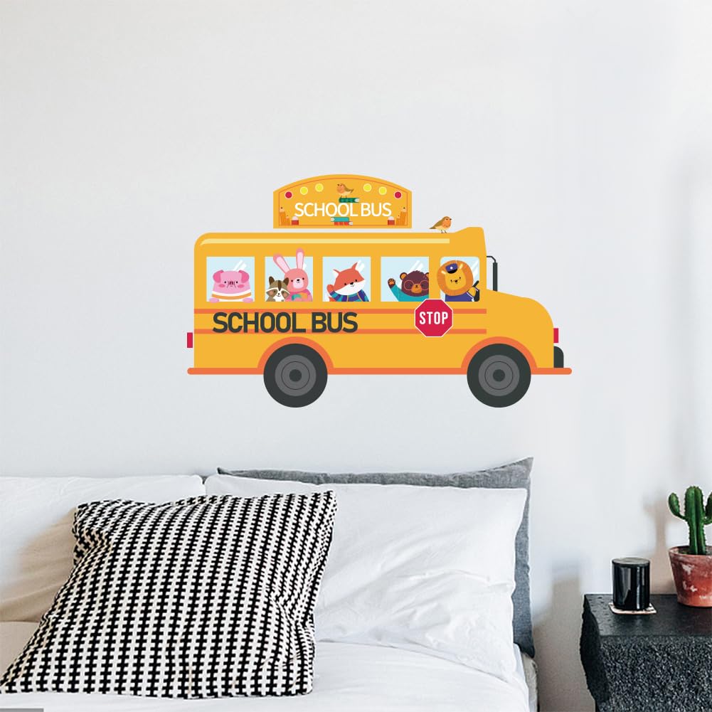 PLIGREAT Cute Cartoon Animals School Bus Wall Stickers Removable Vinyl Peel and Stick Wall Decals for Nursery Playroom Dining Living Room Bedroom Wall Decoration Home Indoor DIY Wall Art Decor