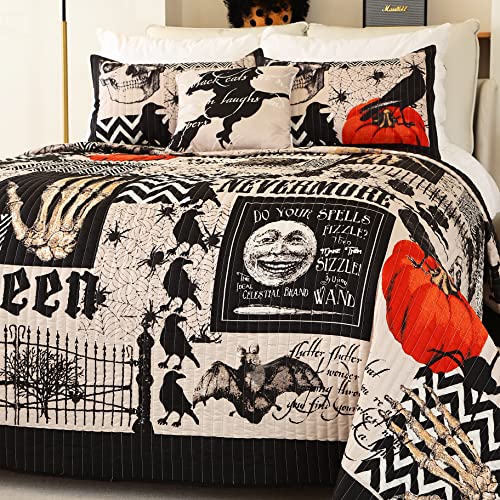 Cmfshape Halloween King Size Bedspread Set - Black Quilt with Pumpkin Ghosts, 4-Piece Bedding with Pillows