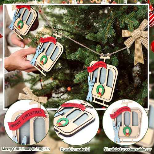9 Foot Ski Lift Gondola Hanging Christmas Garland with Wooden Ski Ornaments and Cable Car Skier, Perfect for Home Party Decor