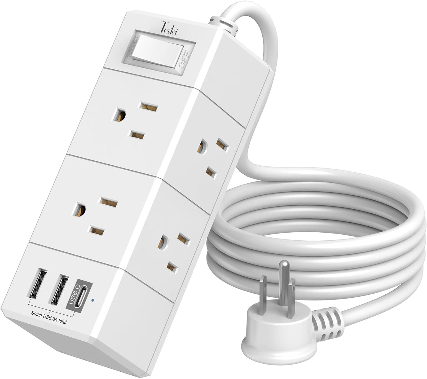 Tcstei 5Ft Outlet Extender Power Strip - Flat Plug with 6 Outlets & 3 USB Ports (1 USB-C) | Wall Mount Design for Home & Dorm Essentials, White
